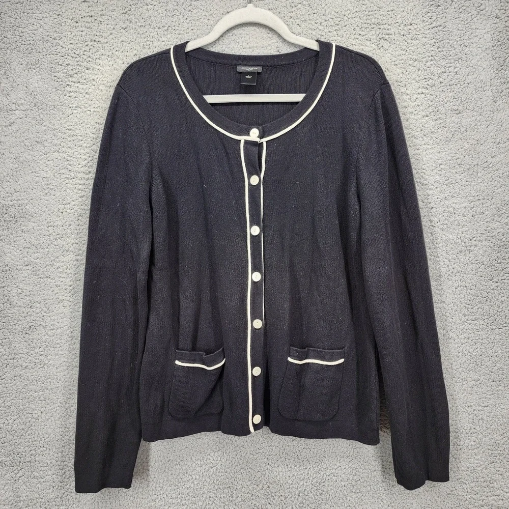 Ann Taylor Womens Black White Trim Cotton Knit Button Cardigan Sweater Large